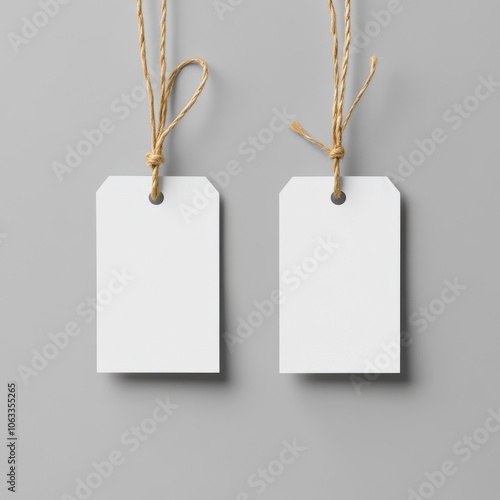 Two blank tags with string ties, perfect for labeling or pricing. Ideal for gift packaging, crafts, and product displays.