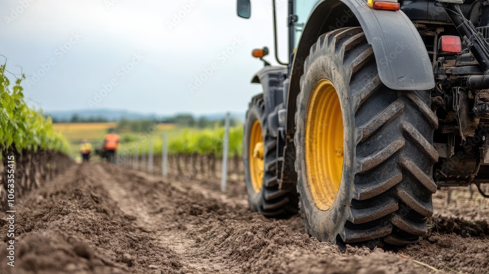 A tractor moves through a vineyard as farmers work the soil, encapsulating agricultural diligence and the cycle of growth. A tractor moves through a vineyard as farmers work the soil, encapsulating agricultural diligence and the cycle of growth.