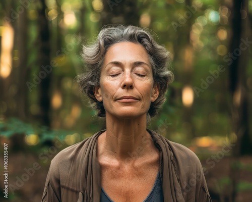 A woman is sitting in a forest, looking at the camera with a peaceful expression. She is wearing a brown jacket and a blue shirt