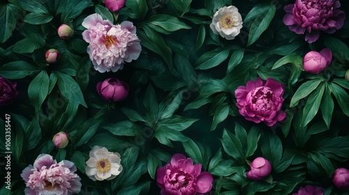 Dark Moody Background with Blooming Peonies and Foliage - Vibrant Peony Flowers with Dark Leafy Backdrop - Elegant Floral Arrangement for Decoration