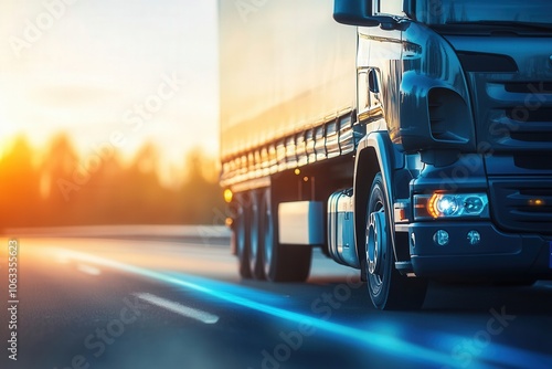 Truck is transporting cargo on a highway with glowing blue lines at sunset