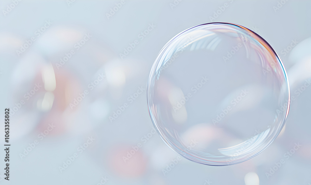 A single soap bubble floats against a soft blue and white background. A single soap bubble floats against a soft blue and white background.