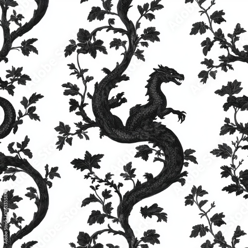 A decorative pattern featuring a dragon intertwined with vine-like foliage.