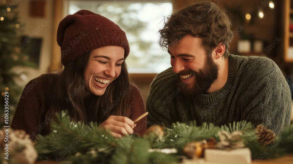 Joyful couple crafting together during the holiday season Joyful couple crafting together during the holiday season