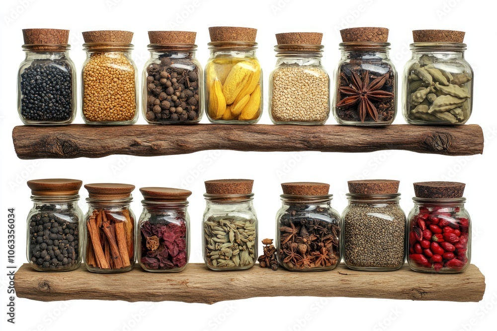 A collection of glass jars filled with various spices A collection of glass jars filled with various spices