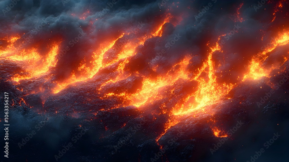 Dramatic scene of a powerful volcanic eruption with intense flames,scorching heat,and molten lava spewing forth from the earth's core,creating a chaotic and destructive natural disaster. Dramatic scene of a powerful volcanic eruption with intense flames,scorching heat,and molten lava spewing forth from the earth's core,creating a chaotic and destructive natural disaster.
