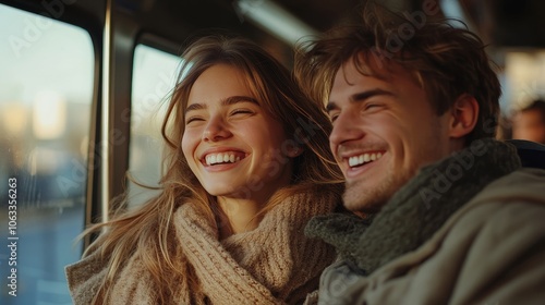 A young couple laughing together on a bus, enjoying a warm moment with sunlight illuminating their faces