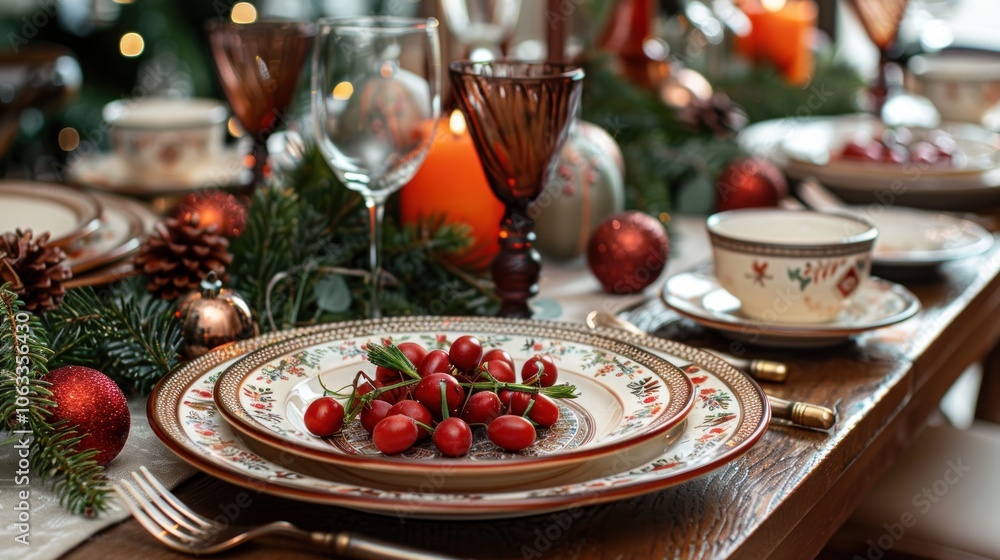 A festive Christmas table setting with red berries and pine branches. A festive Christmas table setting with red berries and pine branches.