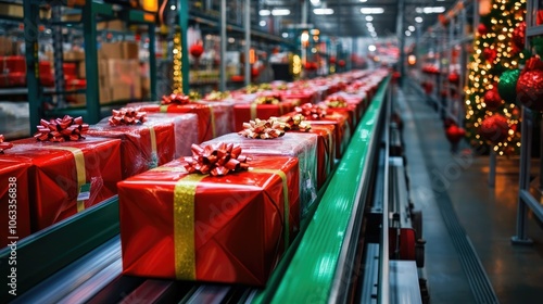 Holiday Gifts on Conveyor Belt in Warehouse Setting