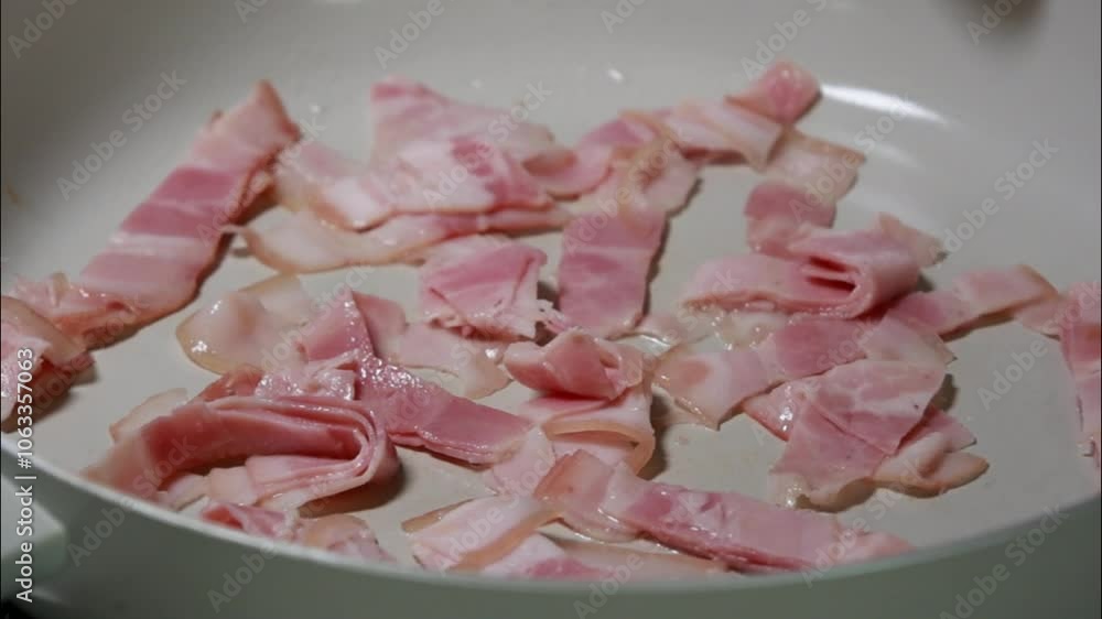 Cooking Pancetta in a White Pan Close-Up Cooking Pancetta in a White Pan Close-Up