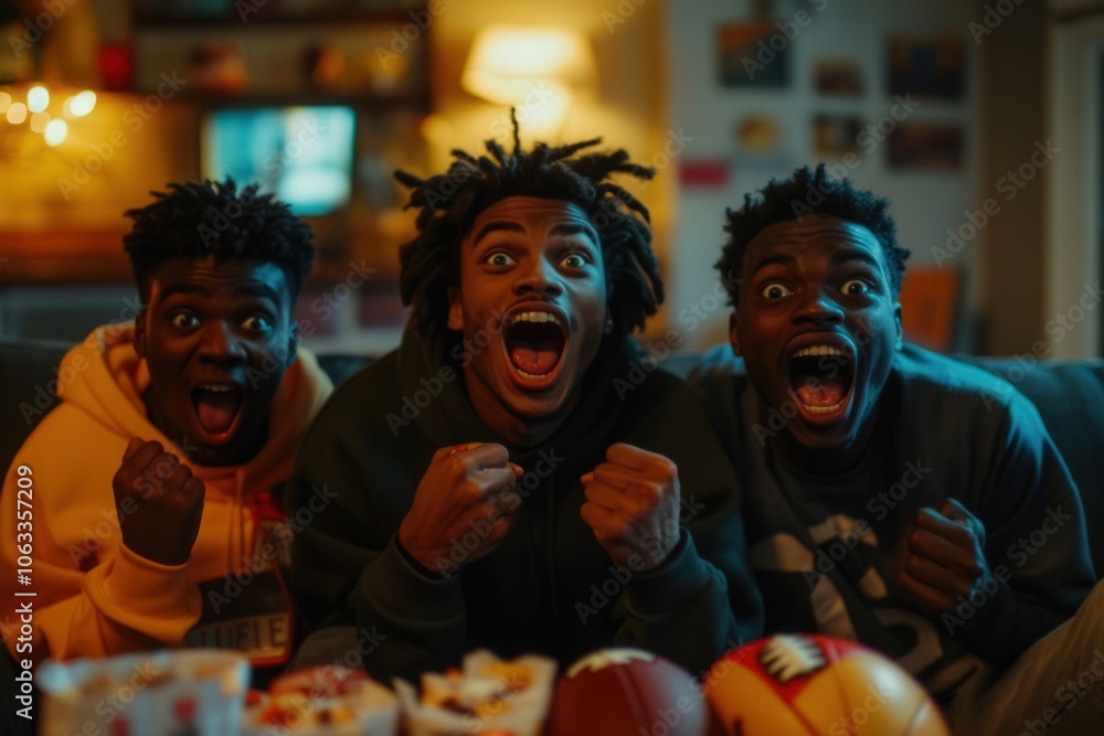 Three friends are sitting on a sofa, cheering enthusiastically while watching a football game on tv and enjoying snacks Three friends are sitting on a sofa, cheering enthusiastically while watching a football game on tv and enjoying snacks