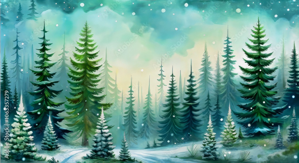 Fototapeta premium Beautiful winter forest landscape with snow-covered trees and soft pastel colors