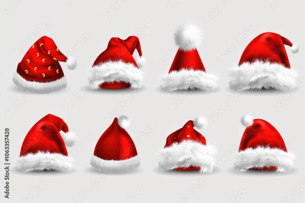Set of festive holiday hats with white trim, perfect for Christmas or winter themed images Set of festive holiday hats with white trim, perfect for Christmas or winter themed images