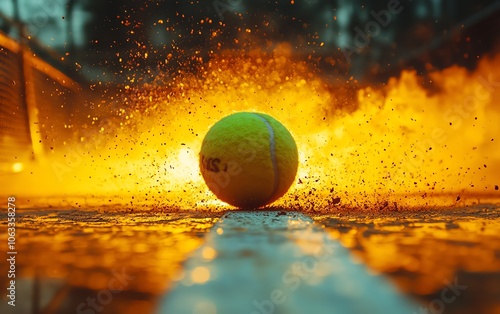 Dramatic low angle perspective of a tennis ball making contact with a white court line, dust erupting, showcasing the intensity of the game, vivid colors