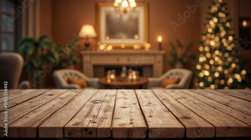 Rustic wooden background with a warm, festive glow and soft bokeh lights, creating a cozy holiday atmosphere. Ideal for seasonal displays, decorations, or as a backdrop for Christmas presentations