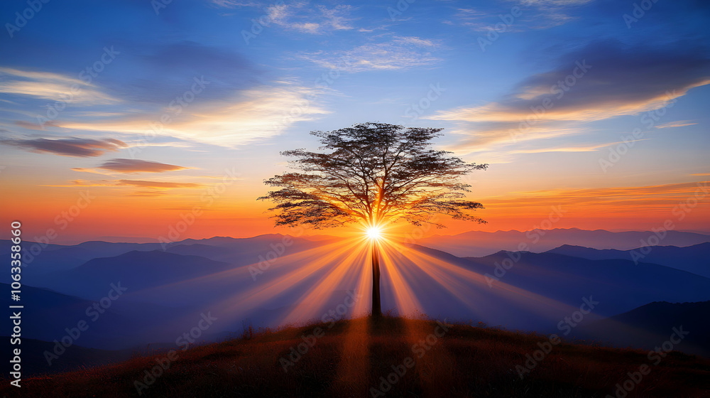 Naklejka premium A lone tree stands tall on a hilltop, bathed in the golden light of a vibrant sunset.