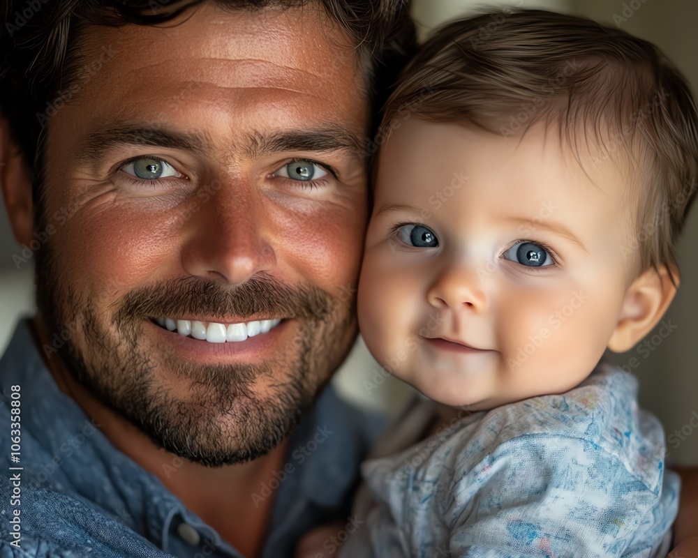 Emotive closeup of a new dad with a smile, holding his baby close, representing the joy of Father s Day, natural lighting, focus on their expressions Emotive closeup of a new dad with a smile, holding his baby close, representing the joy of Father s Day, natural lighting, focus on their expressions