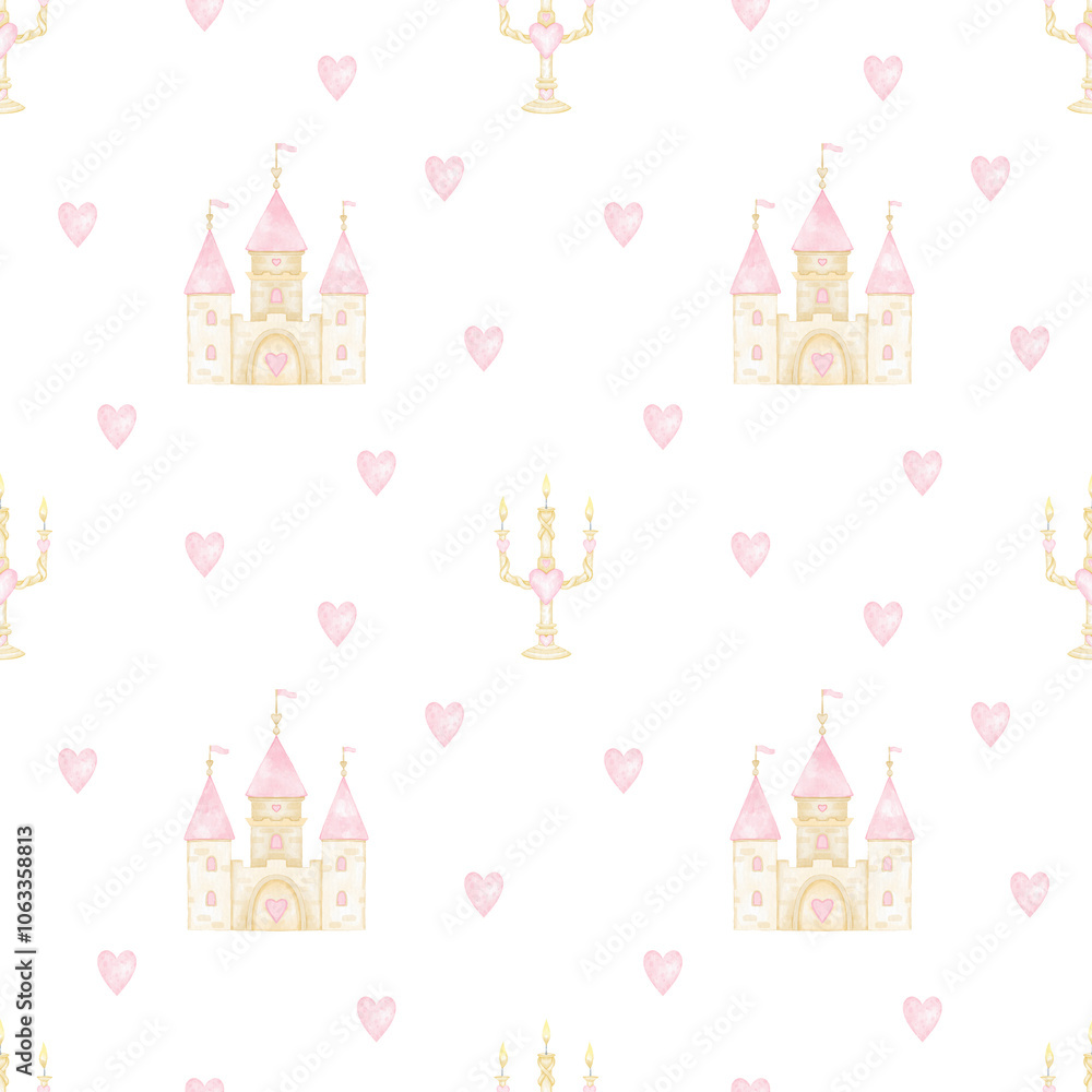 Castle, candlestick, hearts. Watercolor seamless pattern on white background in pastel colors. Cute girly illustration for little princesses Castle, candlestick, hearts. Watercolor seamless pattern on white background in pastel colors. Cute girly illustration for little princesses