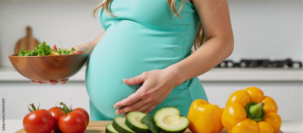 Young pregnant girl in turquise dress prepares veggie salad in kitchen kitchen setting pregnancy preparing meal Young pregnant girl in turquise dress prepares veggie salad in kitchen kitchen setting pregnancy preparing meal