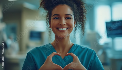 Engaging image of a happy female nurse with a heart shape formed by her hands, emphasizing warmth and support in healthcare, bright and friendly atmosphere photo