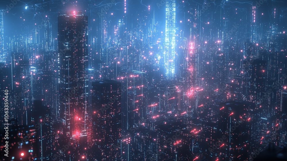 A dreamlike vision of a futuristic city drenched in blue and pink hues, where skyscrapers loom amidst sparkling lights, hinting at a utopian ambiance.