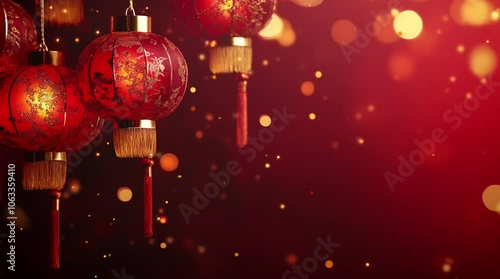 Chinese New Year. A vibrant scene showcasing Chinese New Year celebrations. Red lanterns hang brightly against the night sky