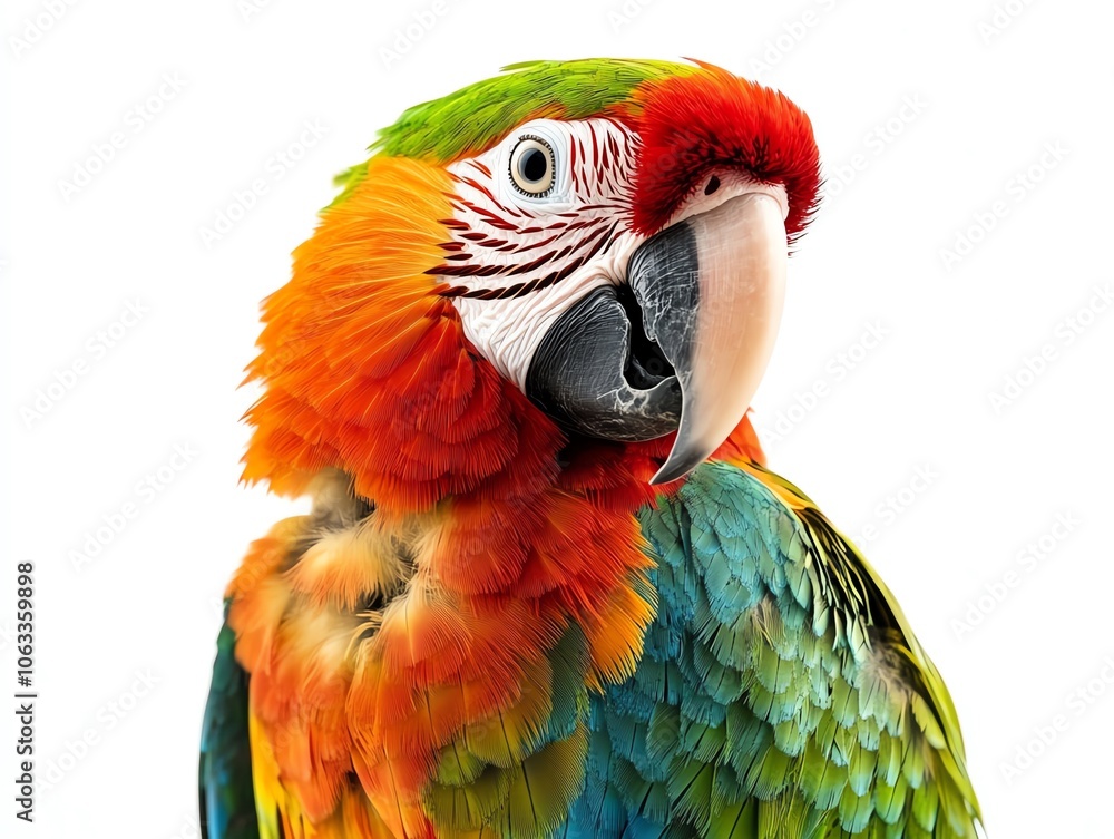 Naklejka premium Close-up portrait of a vibrant Scarlet Macaw with colorful feathers against a white background.