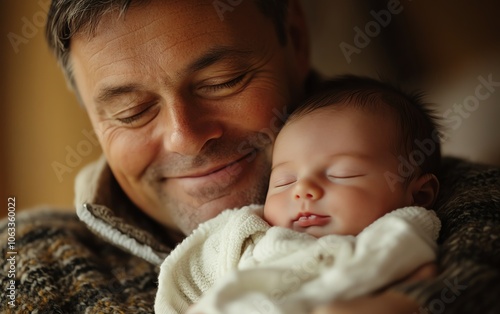 Heartwarming closeup of a proud father cradling his newborn baby, celebrating the joys of fatherhood, gentle expressions, cozy atmosphere