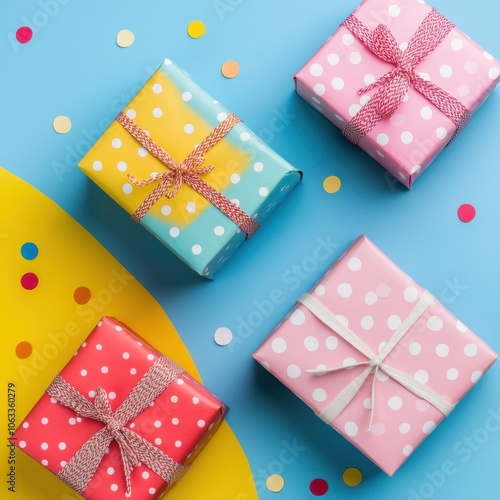 Colorful Gift Boxes with Polka Dots and Stripes on Vibrant Background