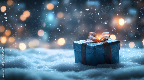 Christmas gift box lying on the snow with unique starry snow effect. photo