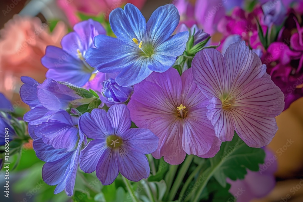 A decorative vase filled with mixed purple and blue flowers, perfect for home decor or as a gift A decorative vase filled with mixed purple and blue flowers, perfect for home decor or as a gift