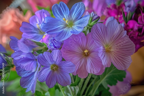 A decorative vase filled with mixed purple and blue flowers, perfect for home decor or as a gift