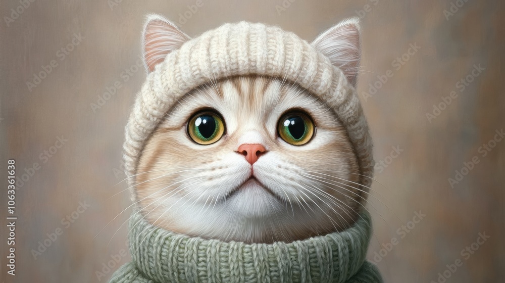 Adorable cat wearing a cozy knit hat and sweater, gazing with wide eyes, AI Adorable cat wearing a cozy knit hat and sweater, gazing with wide eyes, AI