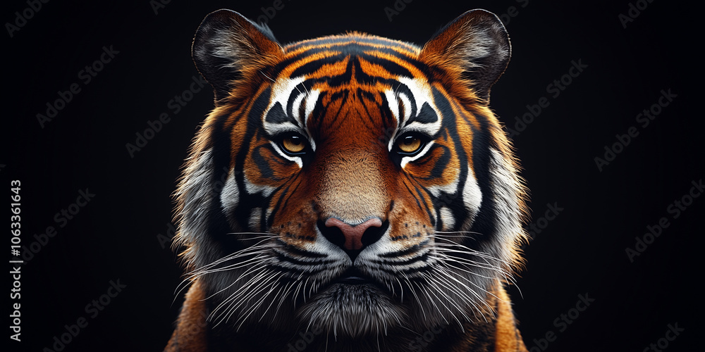 Majestic Tiger Portrait with Intense Gaze in Dramatic Lighting Majestic Tiger Portrait with Intense Gaze in Dramatic Lighting
