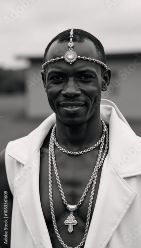 Saint Charles Lwanga exemplifies courage and faith with an air of hope and resilience while wearing traditional attire photo