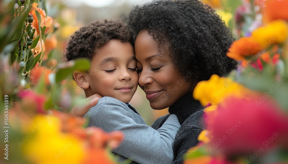 Tender moment of a mother and son sharing a hug on Mothers Day, with colorful flowers in the background, illustrating love and affection, inviting composition Tender moment of a mother and son sharing a hug on Mothers Day, with colorful flowers in the background, illustrating love and affection, inviting composition