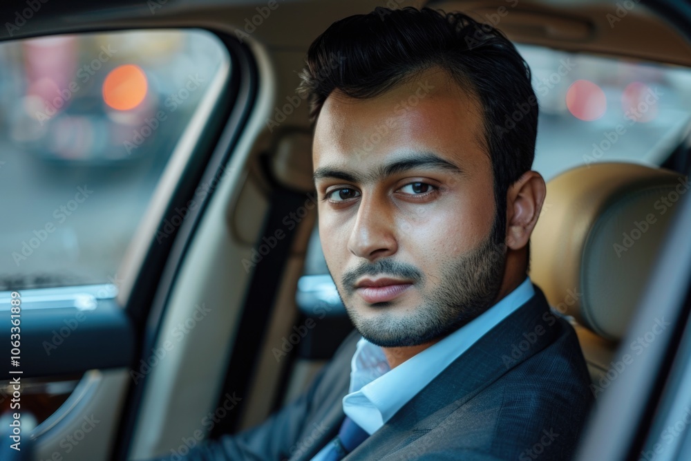 A businessman sits in his vehicle, dressed in a formal outfit A businessman sits in his vehicle, dressed in a formal outfit