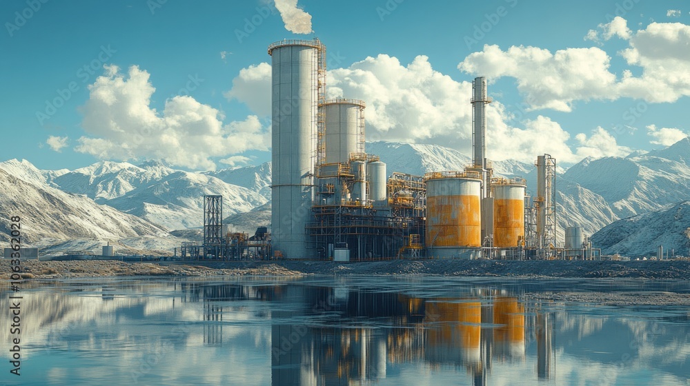 Fototapeta premium Industrial plant with tall smokestacks and a reflecting pool in front of snow-capped mountains.