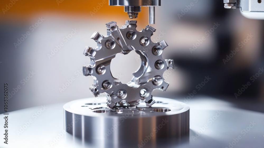 Fototapeta premium A metallic gear-like component positioned on a machining tool for precision engineering.