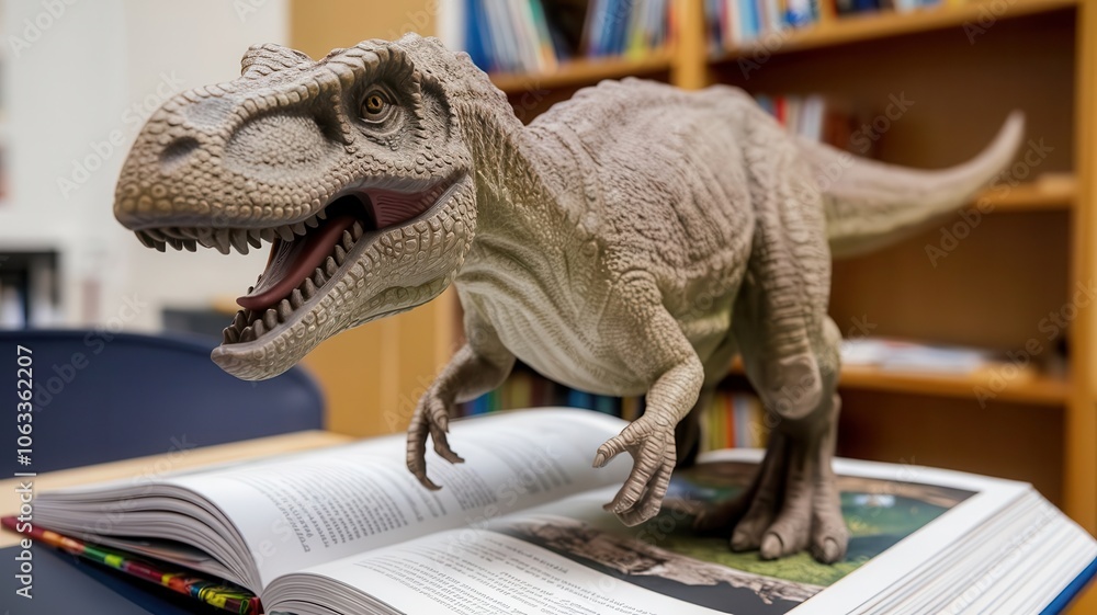 Fototapeta premium Detailed dinosaur figurine positioned on an open book in a library.