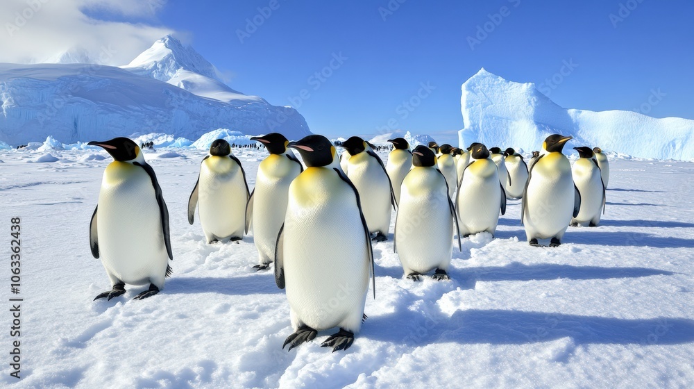 Obraz premium Emperor Penguins Huddle Together on Snowy Landscape in Antarctica, with Icebergs and Mountains in the Background