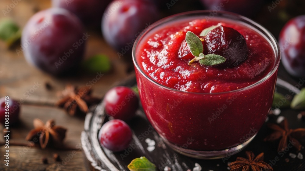 Fresh Plum Sauce with Spices, Aromatic and Sweet, Served in a Glass Bowl Fresh Plum Sauce with Spices, Aromatic and Sweet, Served in a Glass Bowl