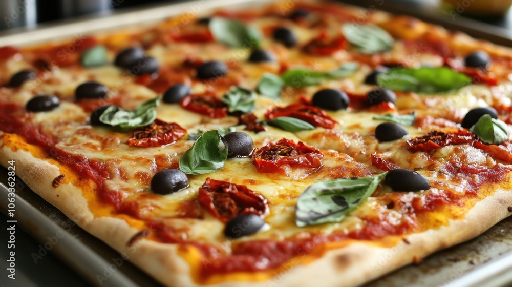 Delicious homemade mediterranean pizza with tomatoes, olives, and fresh basil Delicious homemade mediterranean pizza with tomatoes, olives, and fresh basil