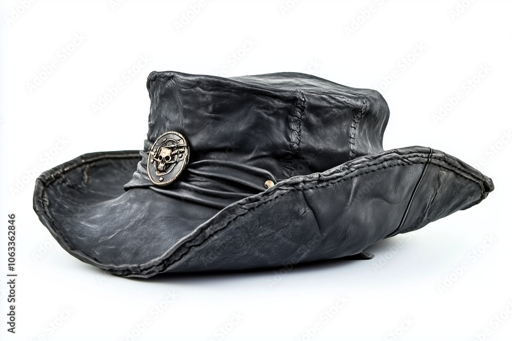 An old worn leather pirate hat isolated on white background. An old worn leather pirate hat isolated on white background.