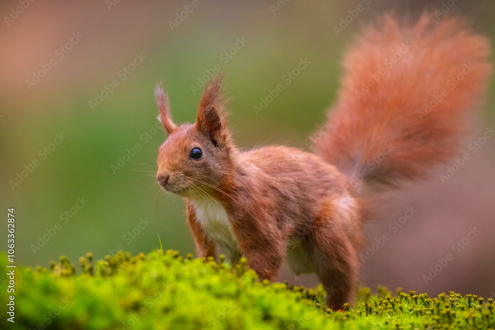 Eurasian red squirrel, Sciurus vulgaris, in a forest Eurasian red squirrel, Sciurus vulgaris, in a forest