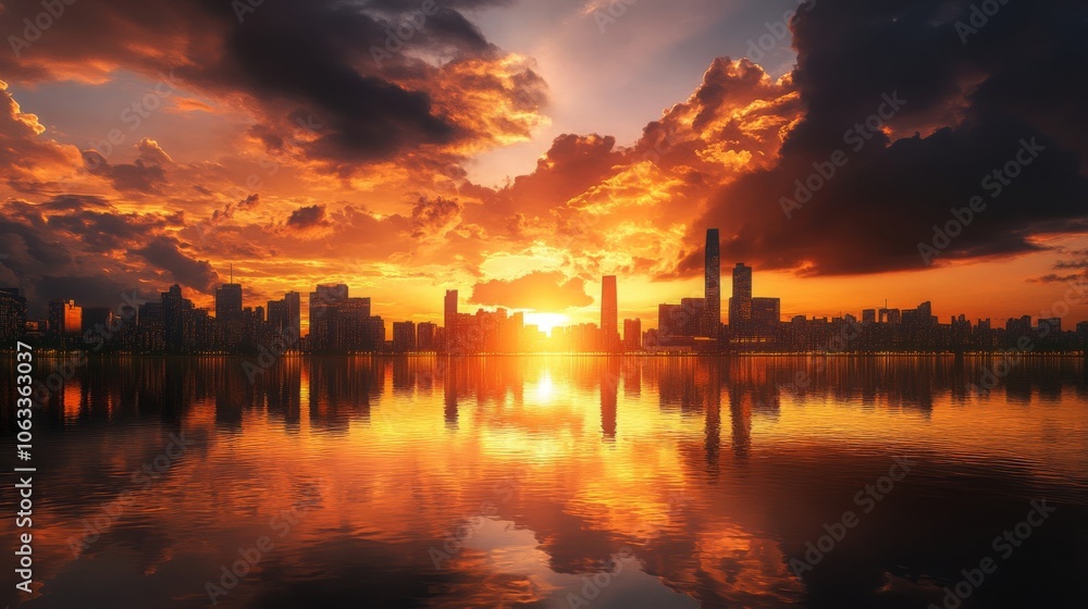 Naklejka premium City Skyline Sunset Reflection