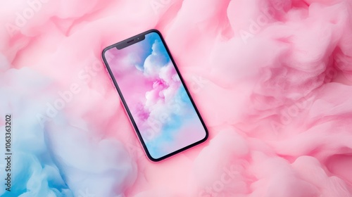 Smartphone with Pink and Blue Cloud Wallpaper on Pastel Background