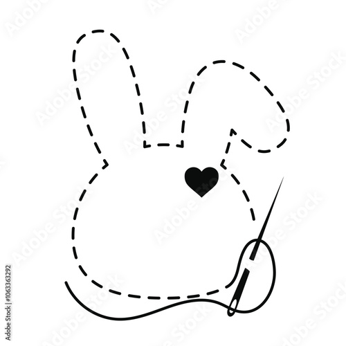 Silhouette of bunny head and heart with interrupted contour. Copy space animal vector illustration of handmade work with embroidery thread and sewing needle on white background.	