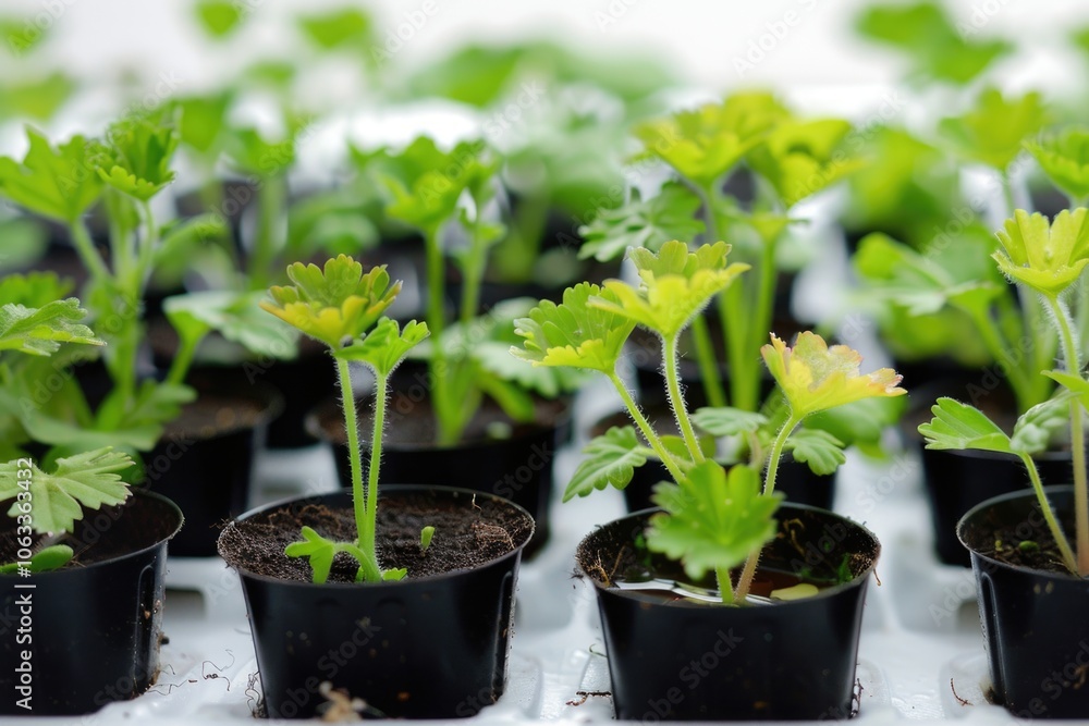 A group of small black pots filled with green plants, suitable for use in still life photography or as a decorative element A group of small black pots filled with green plants, suitable for use in still life photography or as a decorative element