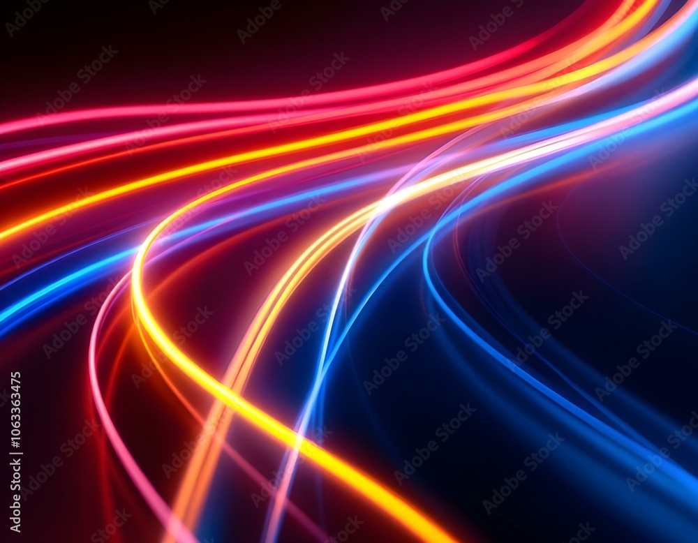 Dynamic Curved Neon Light Trails in Red, Yellow, and Electric Blue – Vibrant Laser Beams on Dark Background Dynamic Curved Neon Light Trails in Red, Yellow, and Electric Blue – Vibrant Laser Beams on Dark Background